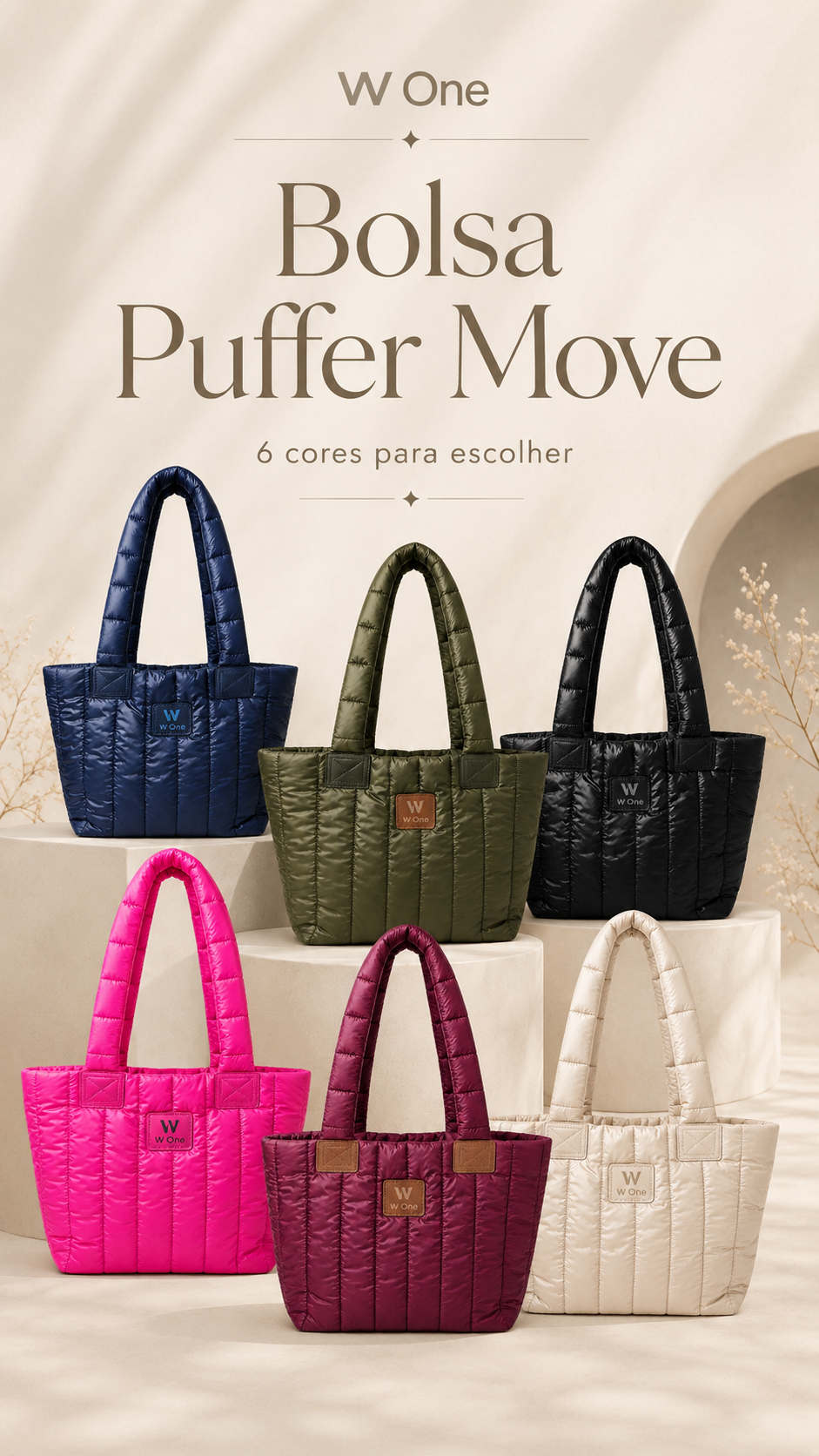 Bolsa Move Puffer W One em acabamento acolchoado, disponível nas cores pink, azul, preto e off-white