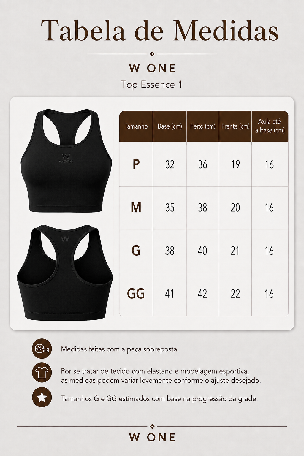 tabela de medidas top essence 1 moda fitness w one