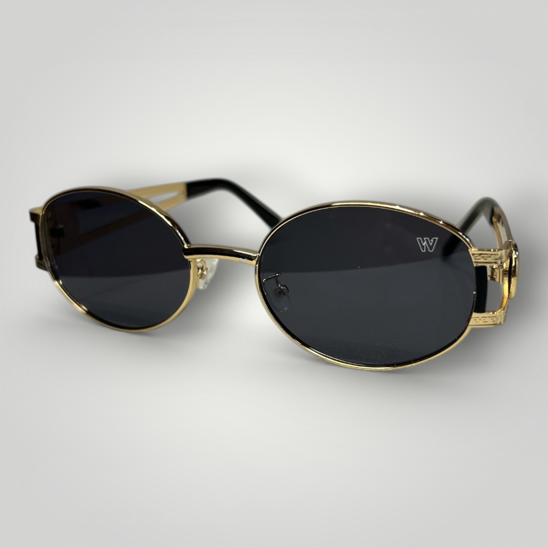 Óculos de Sol W One – Oval Premium com Hastes em Metal Dourado e Lentes Pretas UV400