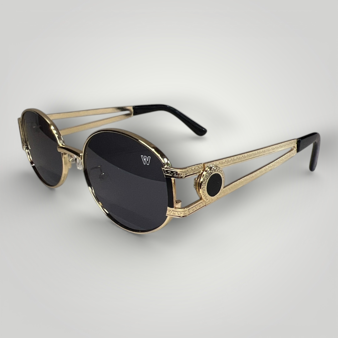 Óculos de Sol W One – Oval Premium com Hastes em Metal Dourado e Lentes Pretas UV 400