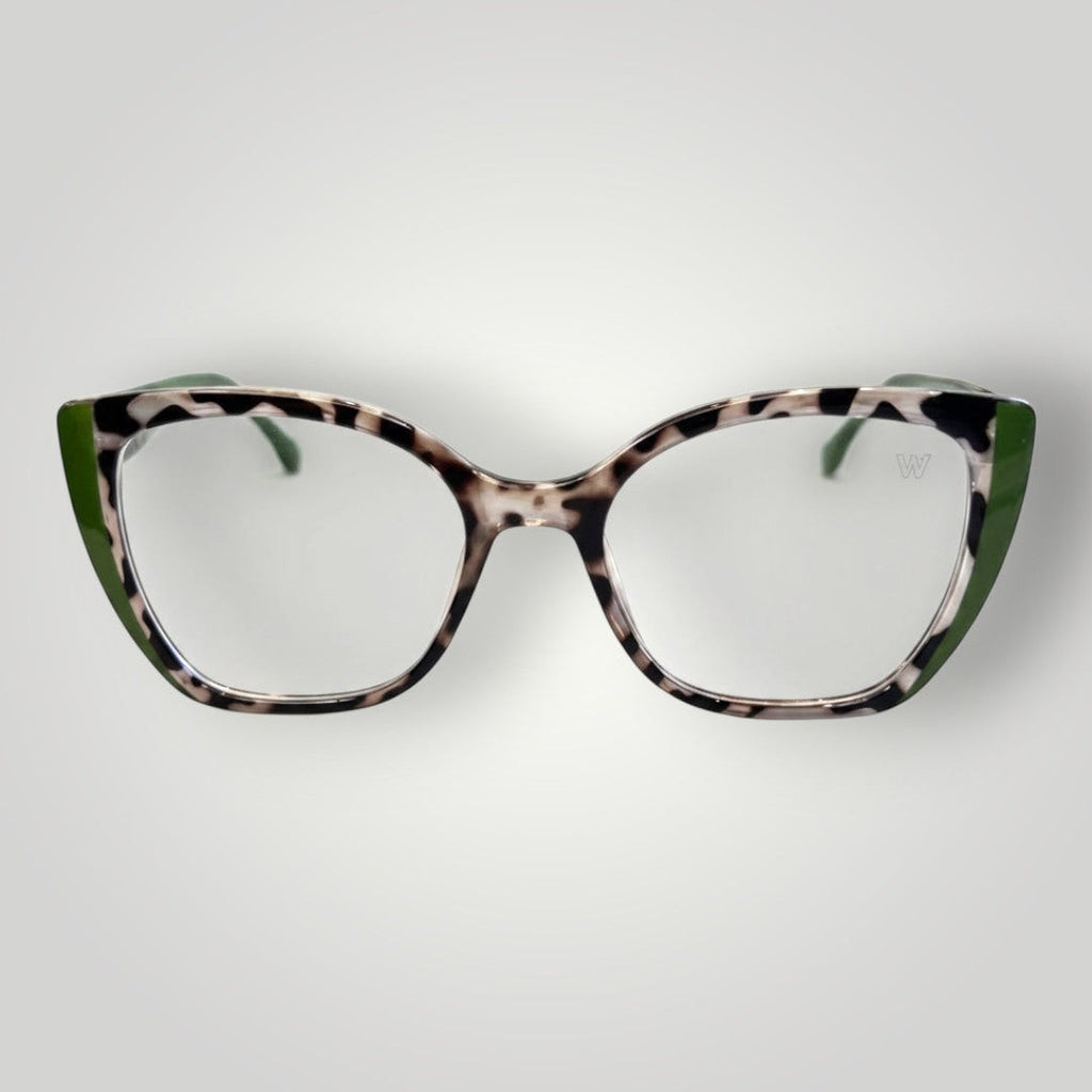 W One Brand Store cat-eye eyeglasses with animal print polyamide frames and green accents.