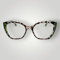 W One Brand Store cat-eye eyeglasses with animal print polyamide frames and green accents.