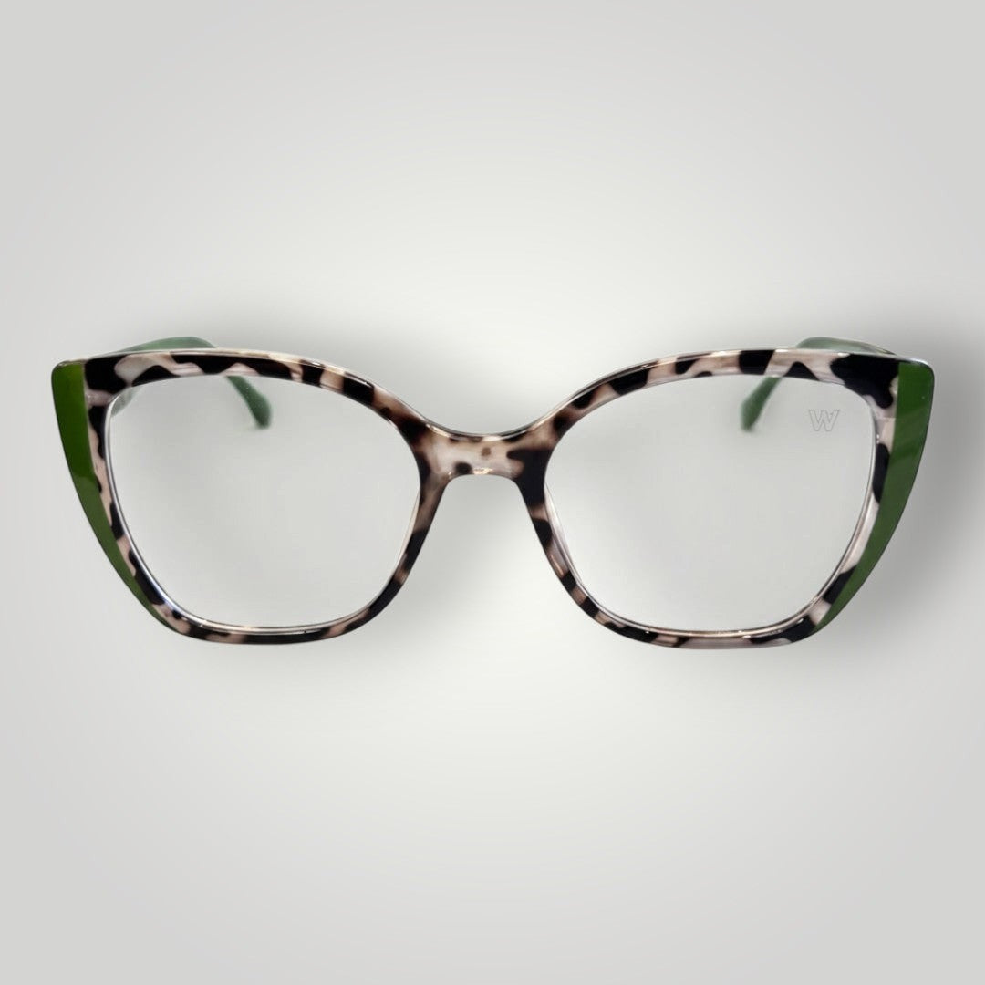 W One Brand Store cat-eye eyeglasses with animal print polyamide frames and green accents.
