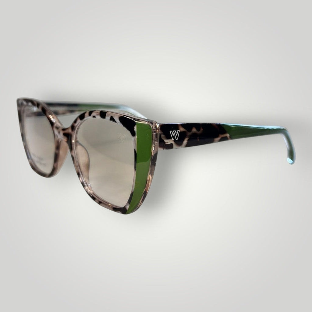 W One Brand Store cat-eye glasses with animal print polyamide frames and green accents.