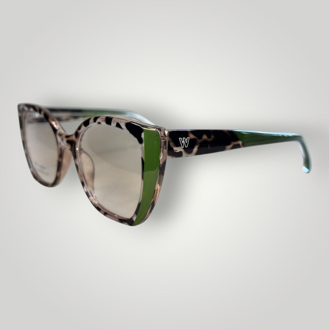 W One Brand Store cat-eye glasses with animal print polyamide frames and green accents.