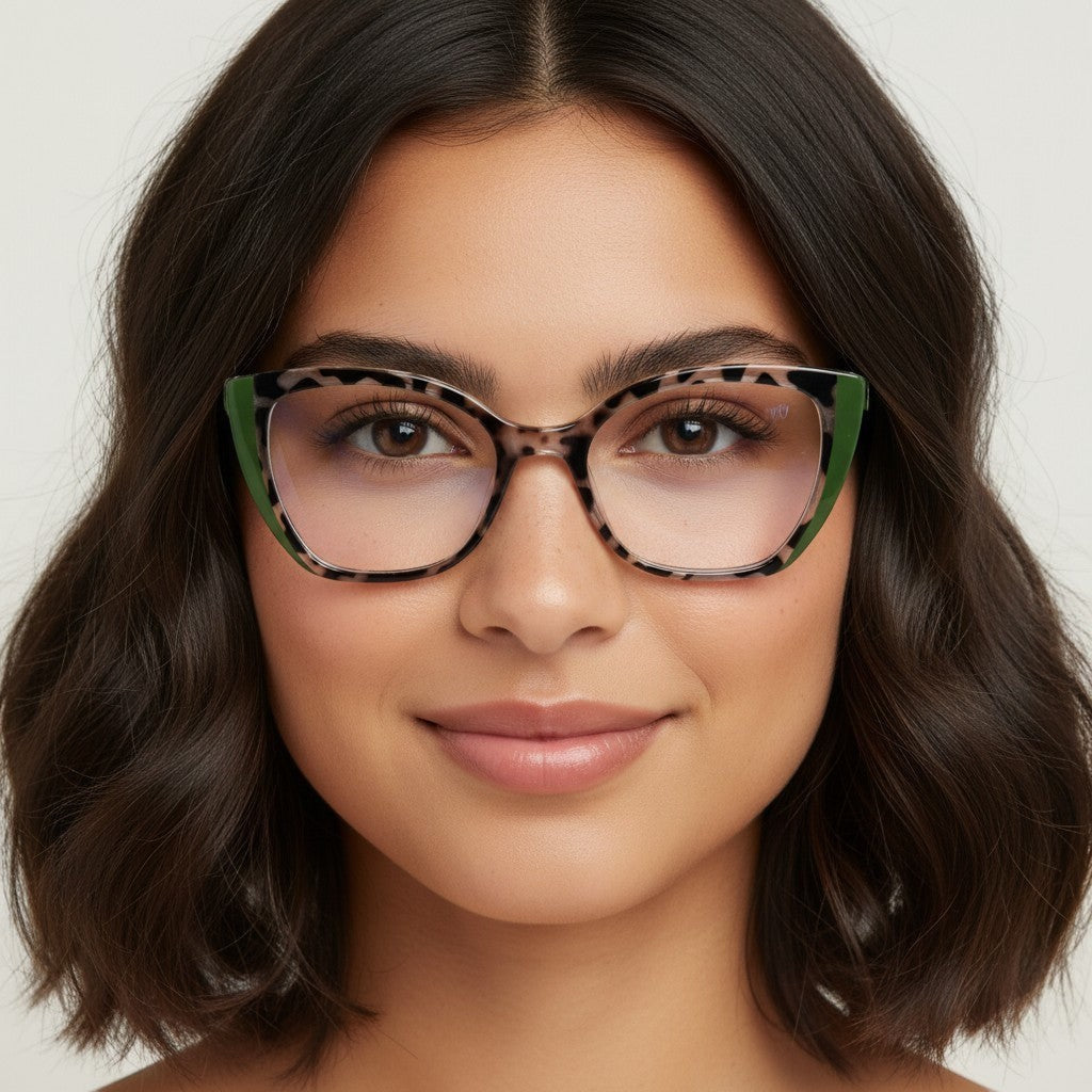 W One Brand Store cat-eye glasses with animal print frames and green accents, on a model.