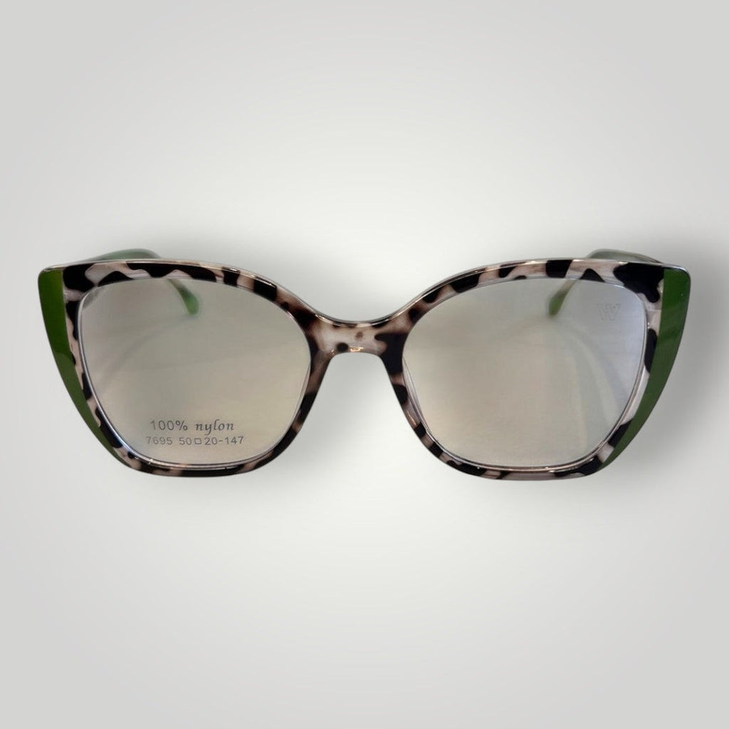 W One Brand Store cat-eye glasses with animal print polyamide frame and green details.