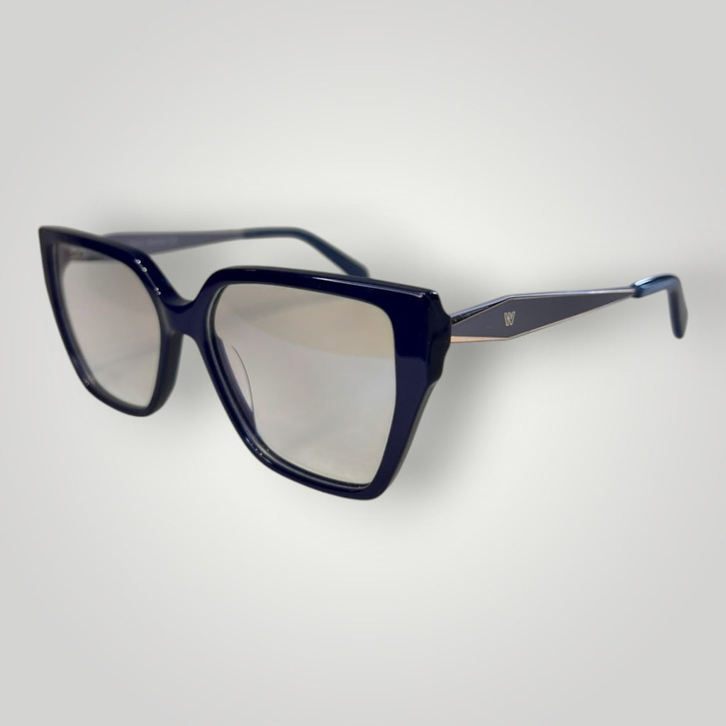 Armação de óculos de grau W One Brand Store estilo gatinho maxi em acetato azul marinho com detalhes nas hastes