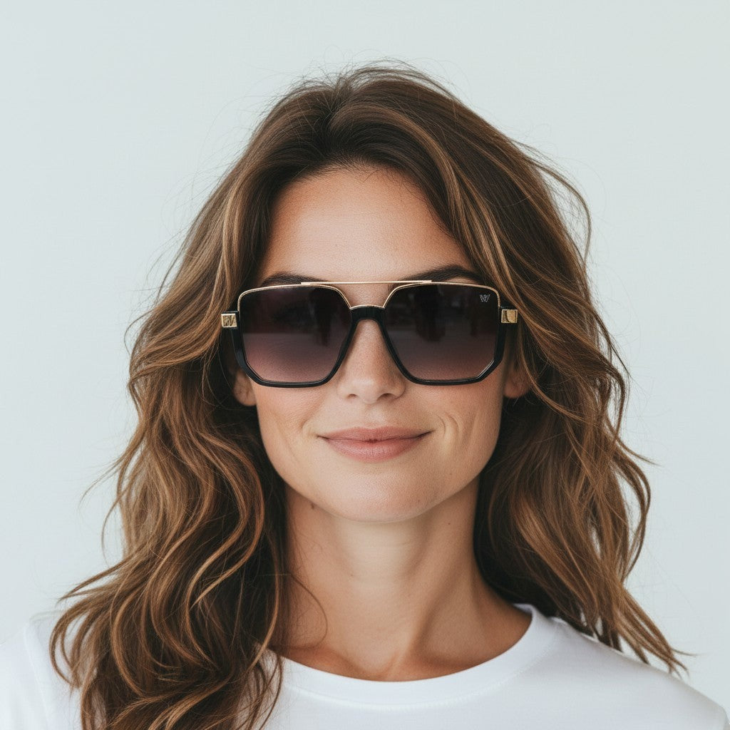 W One Brand Store black acetate square aviator sunglasses with gold details and gradient smoke lenses on a woman.