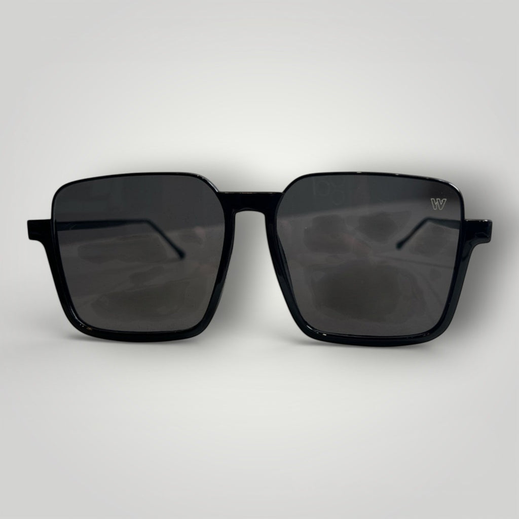 W One Brand Store black acetate and metal maxi square sunglasses with UV400 protection.