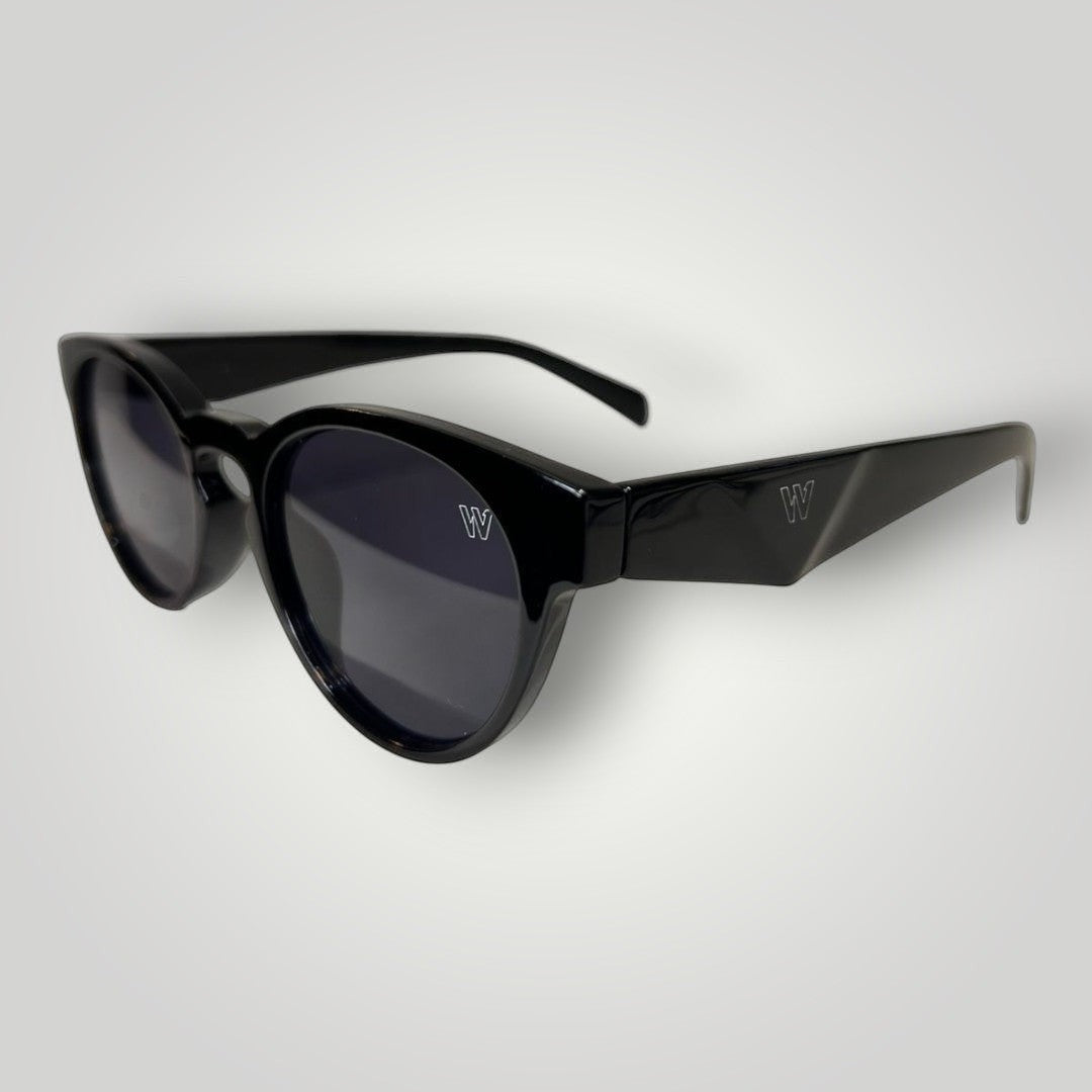 W One Brand Store black acetate retro round sunglasses with black gradient lenses and black temples featuring a subtle 'W' logo.
