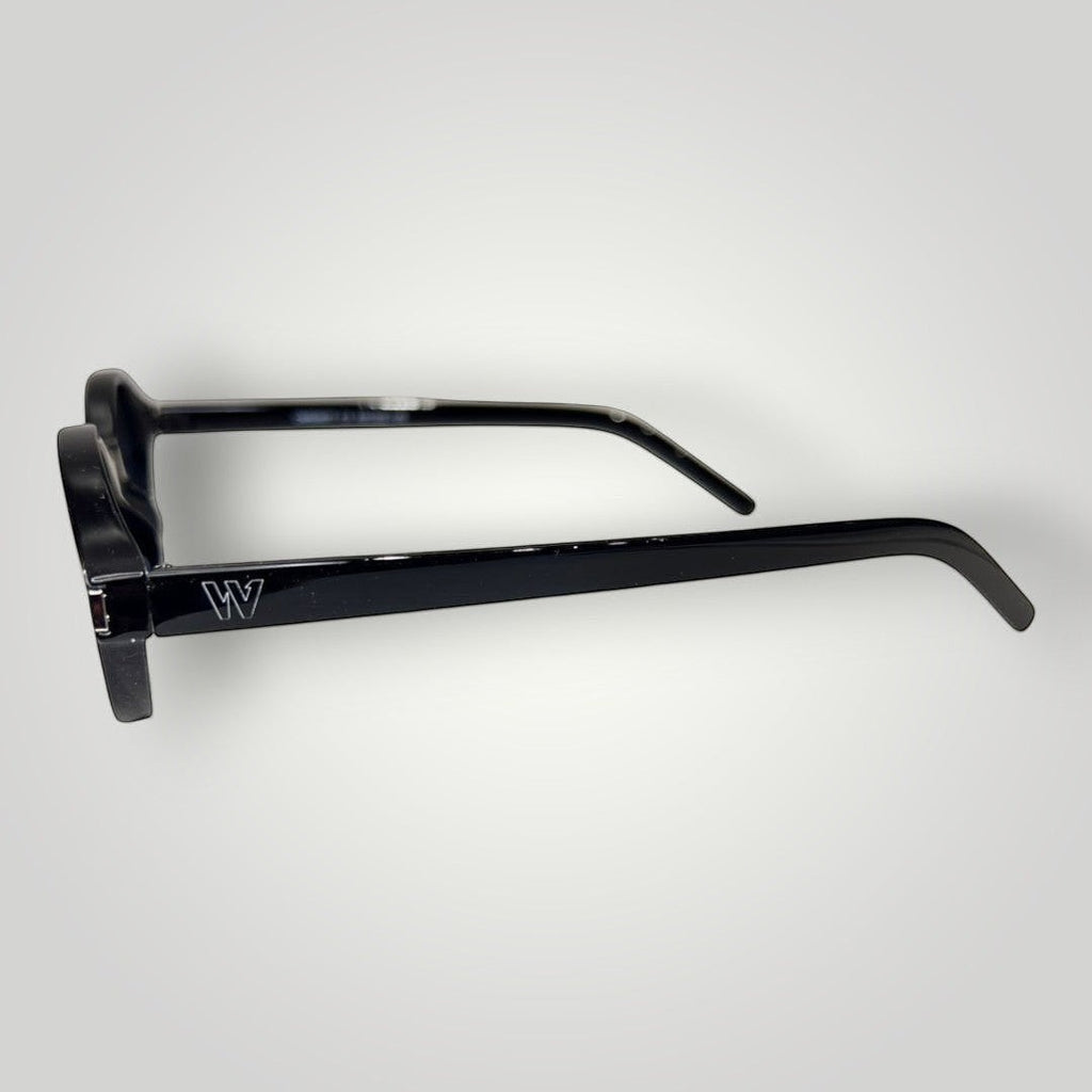 W One Brand Store black acetate round sunglasses with smoke lenses and UV400 protection.