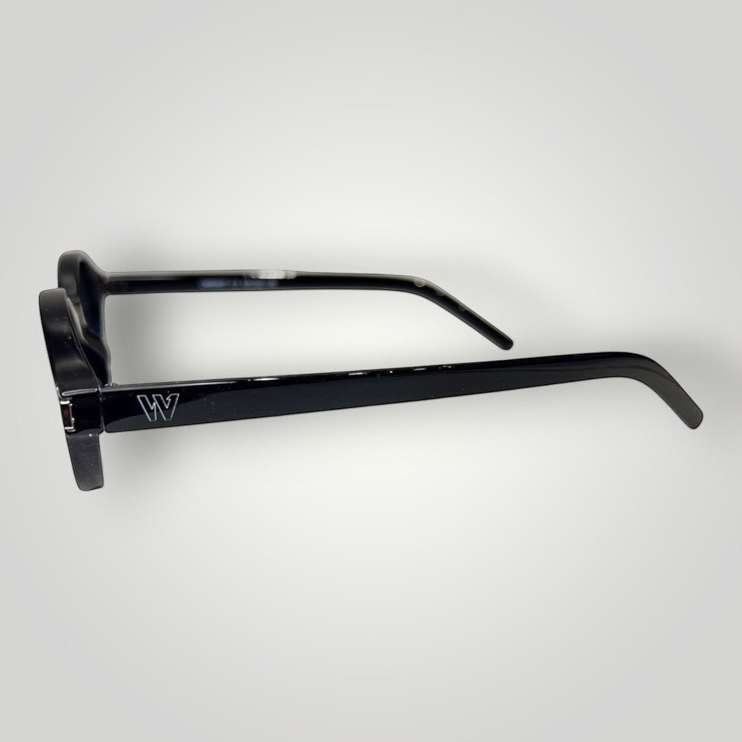 W One Brand Store black acetate round sunglasses with smoke lenses and UV400 protection.