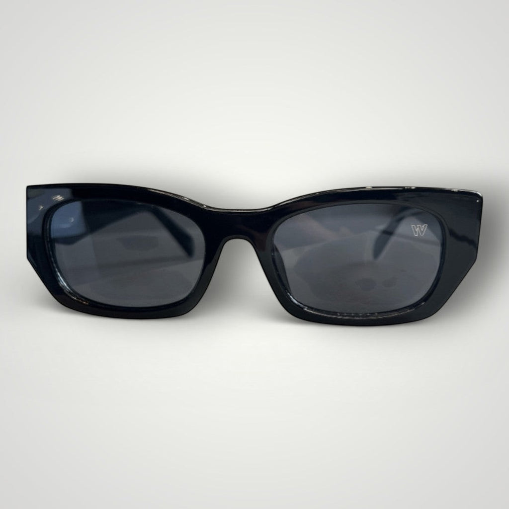 W One Brand Store black acetate rectangular sunglasses with white stripe detail on temple and UV400 protection.