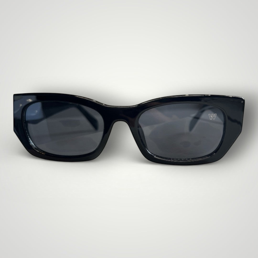 W One Brand Store black acetate rectangular sunglasses with white stripe detail on temple and UV400 protection.