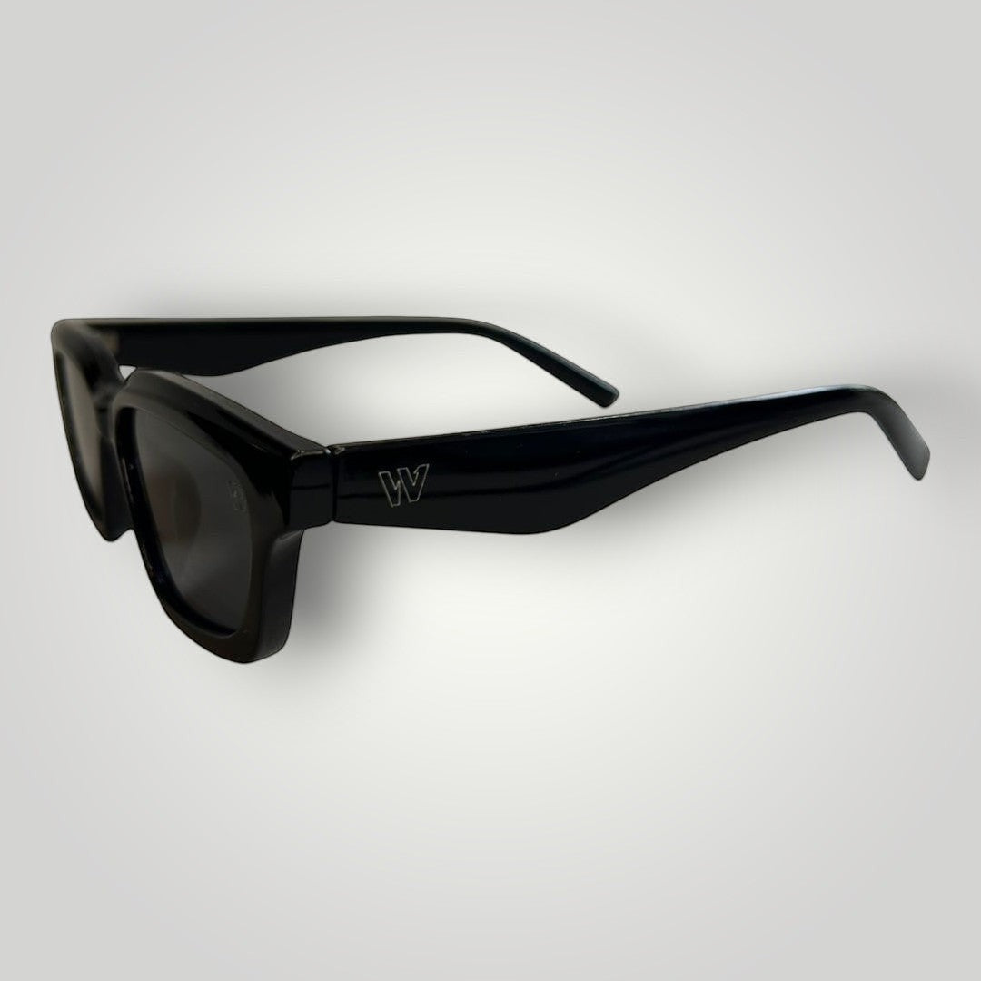 W One Brand Store black acetate cat-eye rectangular sunglasses with smoky lenses and subtle 'W' logo detail.