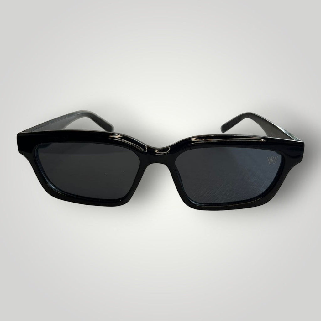 W One Brand Store black acetate cat-eye rectangular sunglasses with dark grey lenses and UV400 protection.