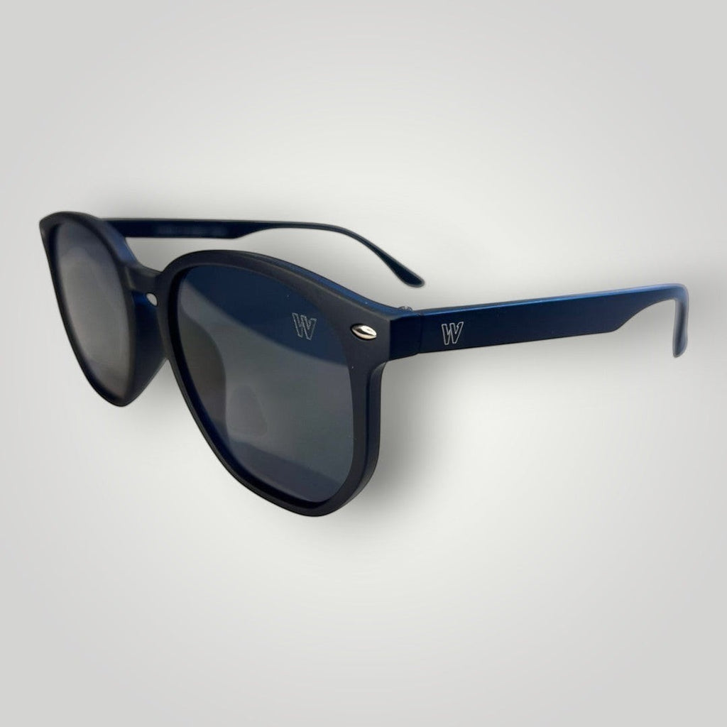 W One Brand Store retro black acetate sunglasses with dark grey lenses and UV400 protection.