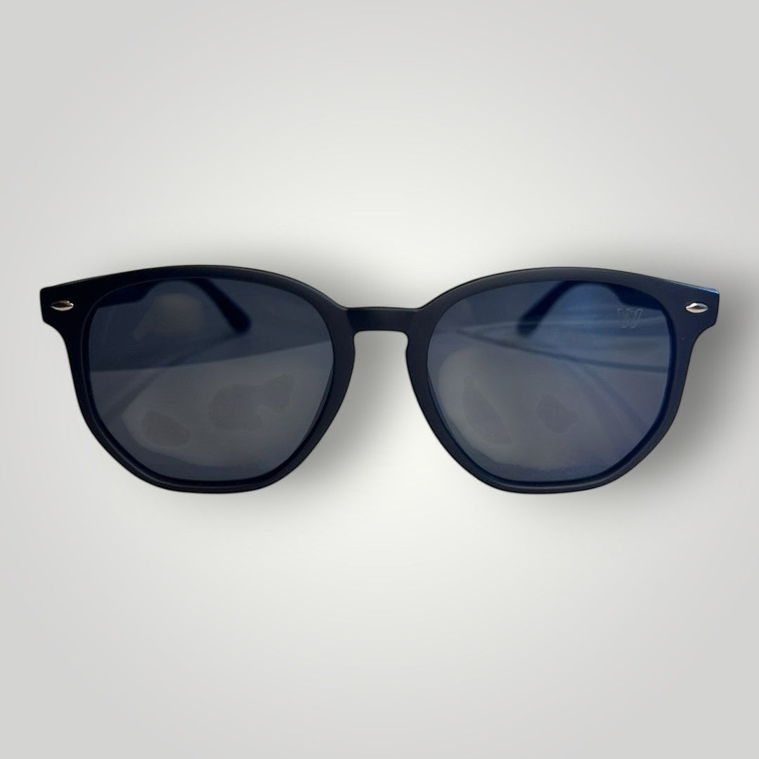 W One Brand Store retro black acetate sunglasses with dark grey lenses and UV400 protection.