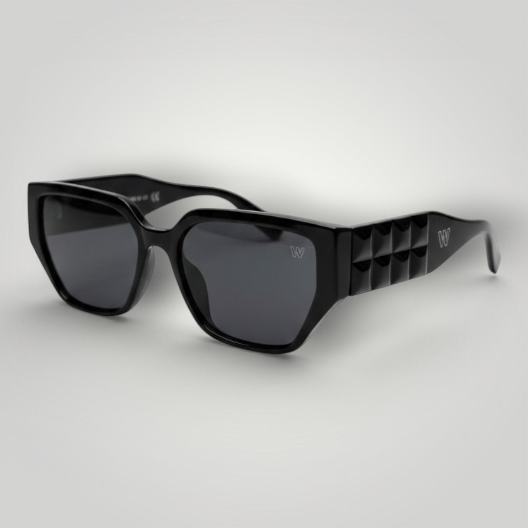 W One Brand Store black acetate sunglasses with thick temples, dark grey lenses, and a textured design. UV400 protection.