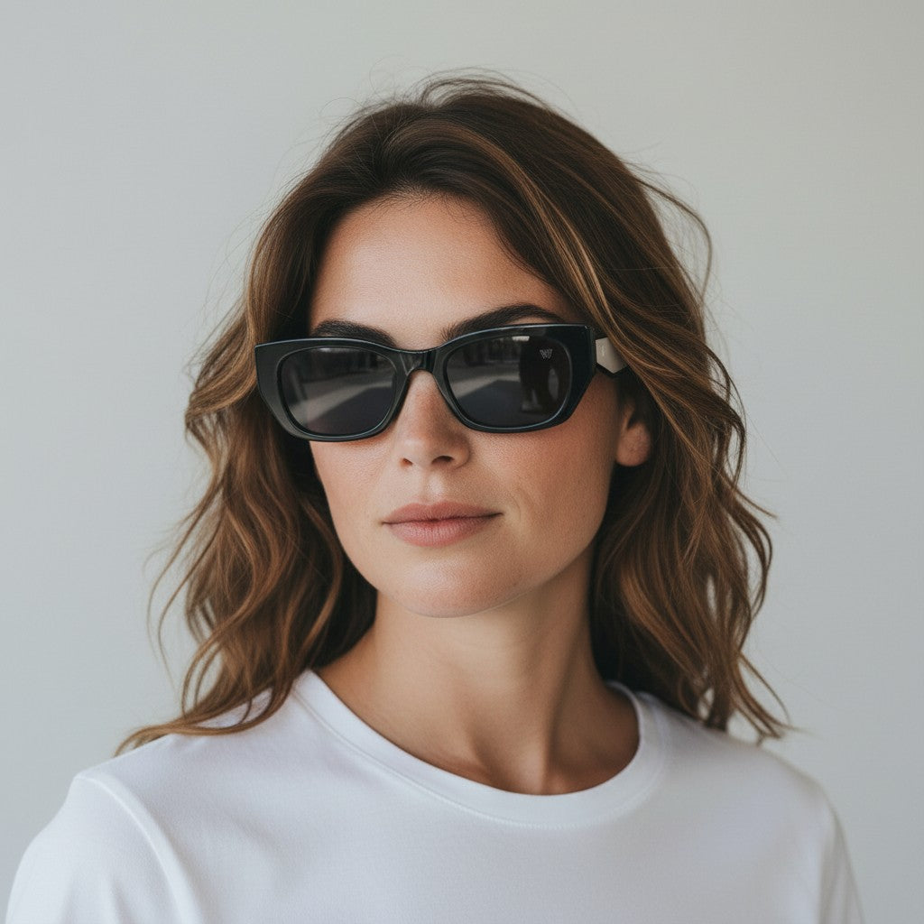 W One Brand Store black acetate rectangular sunglasses with white stripe detail on temples and dark lenses.