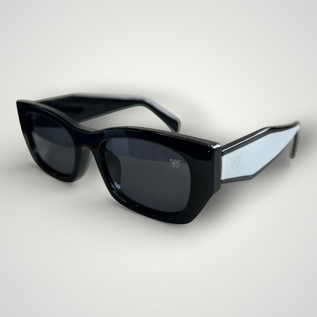 W One Brand Store black acetate rectangular sunglasses with white stripe detail on the temple and dark lenses.