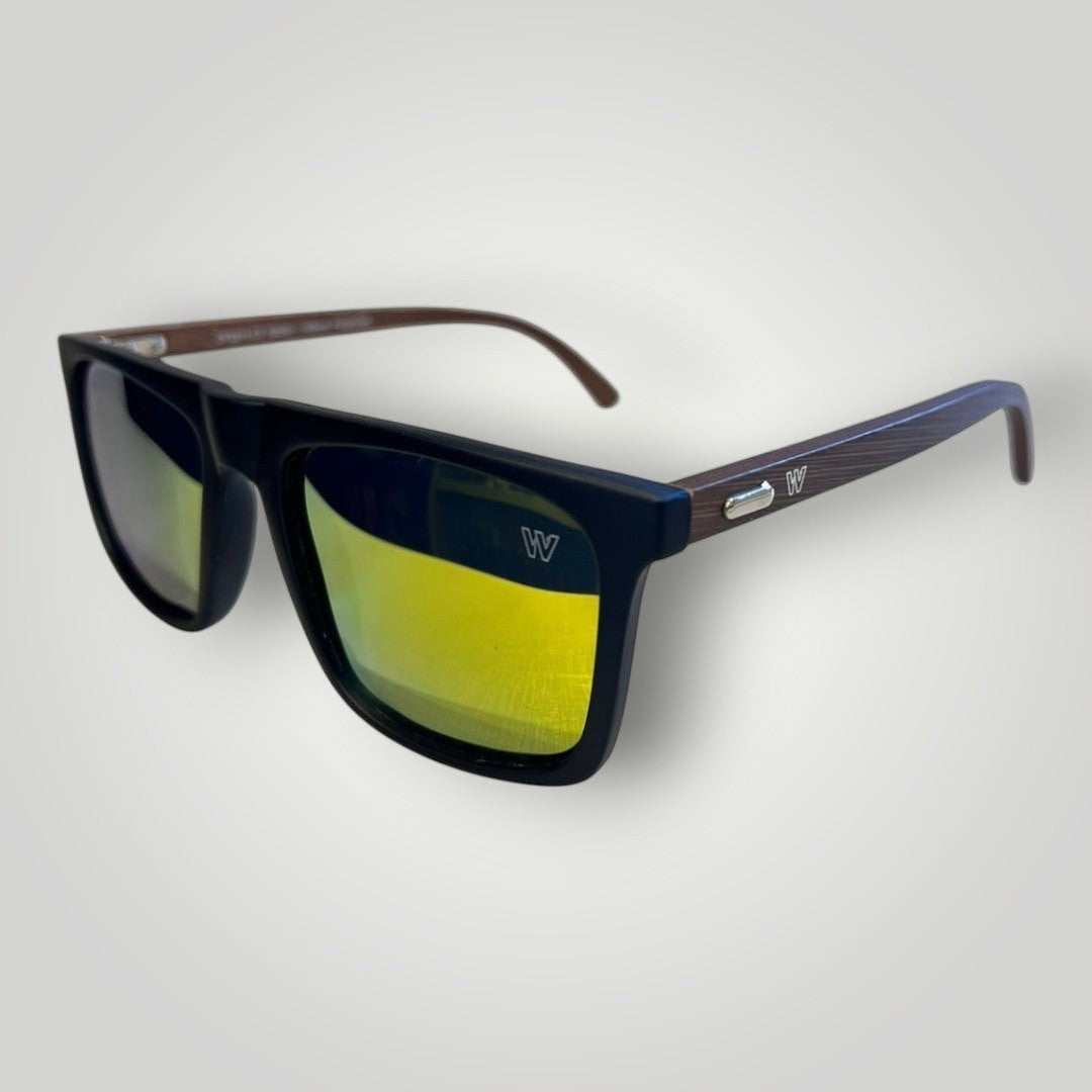 W One Brand Store black acetate sunglasses with yellow mirrored polarized lenses and wood-style temples.