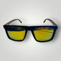 W One Brand Store black acetate sunglasses with yellow mirrored polarized lenses and wood-style temples.