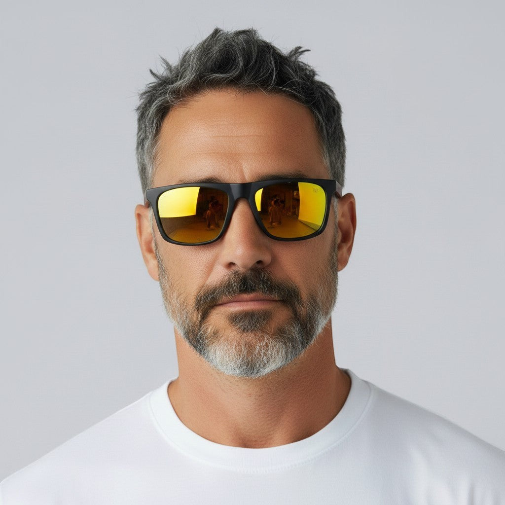 W One Brand Store black acetate sunglasses with yellow mirrored polarized lenses and wood-style temples.