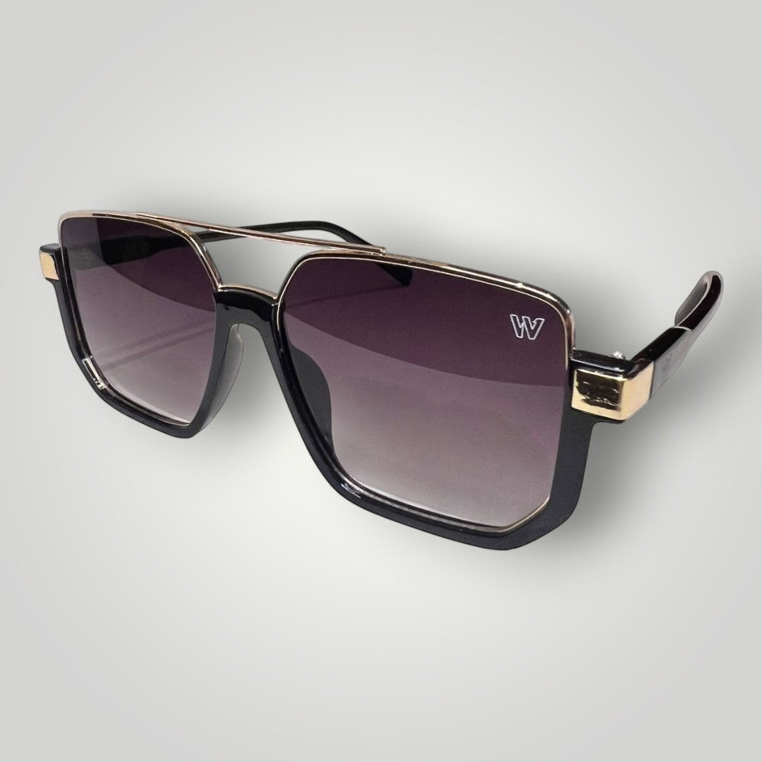 W One Brand Store black acetate square aviator sunglasses with gold details and gradient smoke lenses.