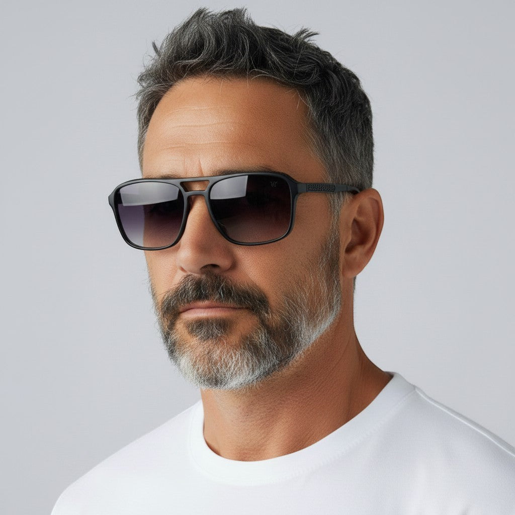 W One Brand Store black acetate aviator sunglasses with gradient black lenses and UV400 protection.