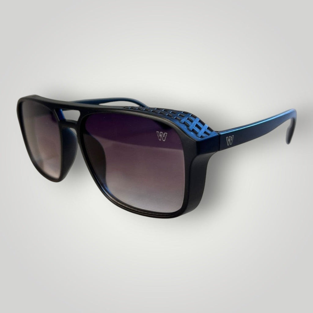 W One Brand Store black acetate aviator sunglasses with gradient black lenses and textured side details.