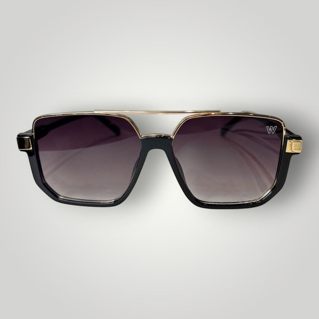 W One Brand Store black acetate square aviator sunglasses with gold details and gradient smoke lenses.