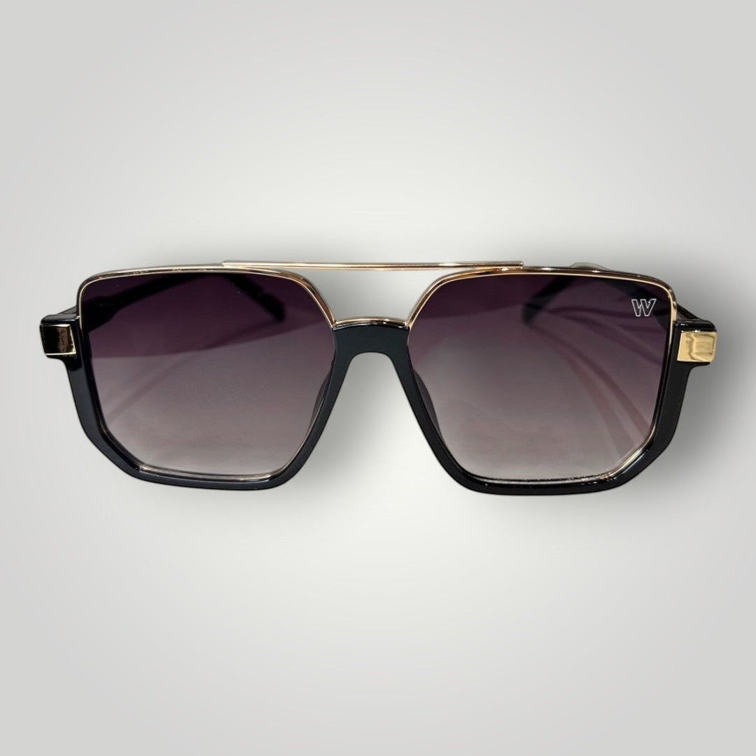 W One Brand Store black acetate square aviator sunglasses with gold details and gradient smoke lenses.