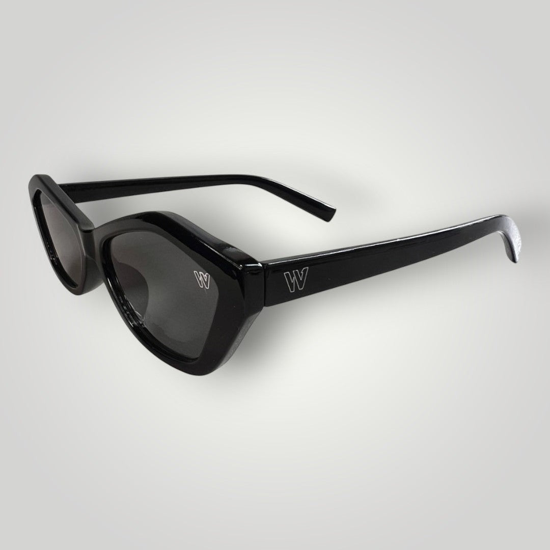 W One Brand Store black acetate butterfly sunglasses with smoky lenses and prominent W logo.
