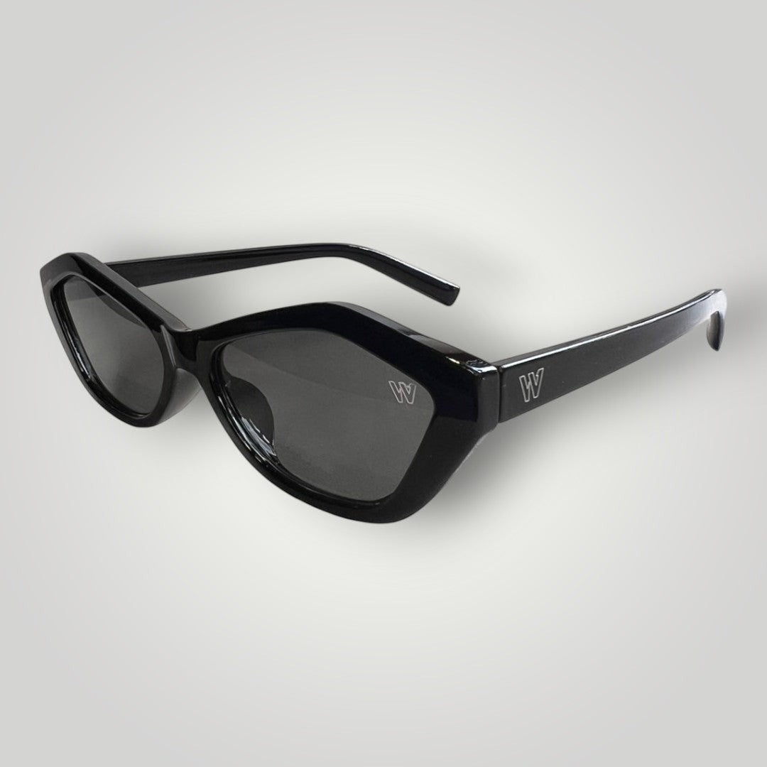 W One Brand Store black acetate butterfly sunglasses with grey lenses and UV400 protection.