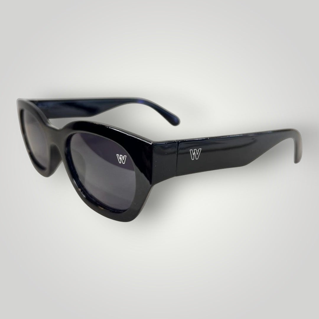 W One Brand Store black acetate cat-eye sunglasses with dark grey lenses and subtle 'W' logo detail.