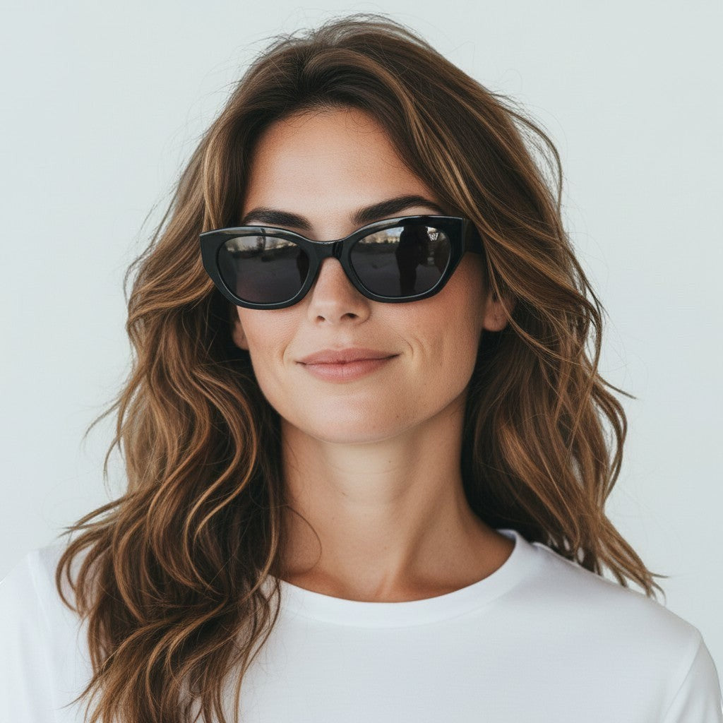 W One Brand Store black acetate cat-eye sunglasses with dark grey lenses on a woman.