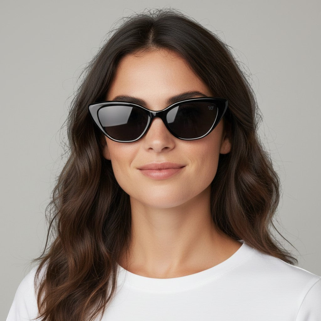 W One Brand Store black acetate cat-eye sunglasses with smoky lenses and UV400 protection.