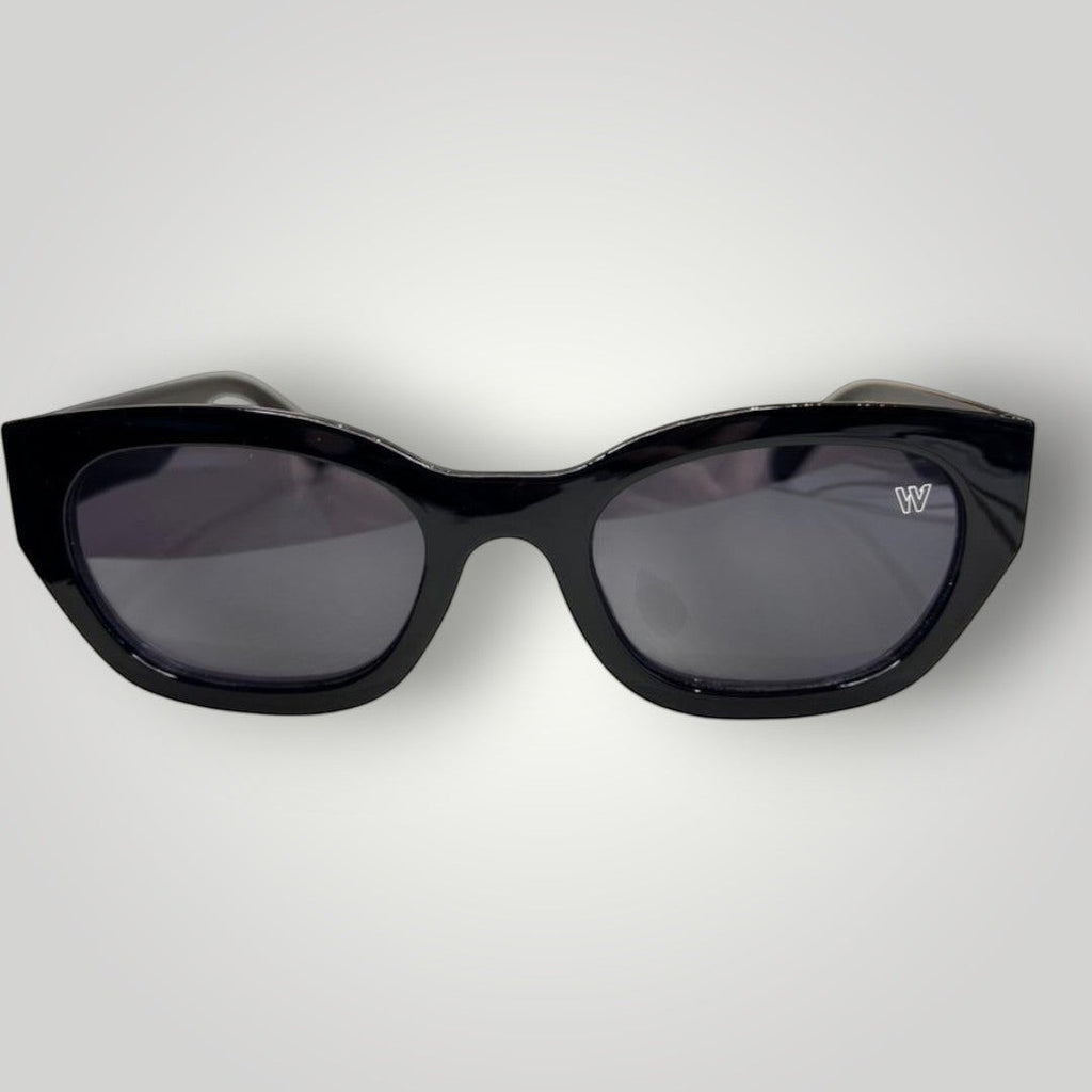 W One Brand Store black acetate cat-eye sunglasses with dark grey lenses and UV400 protection.