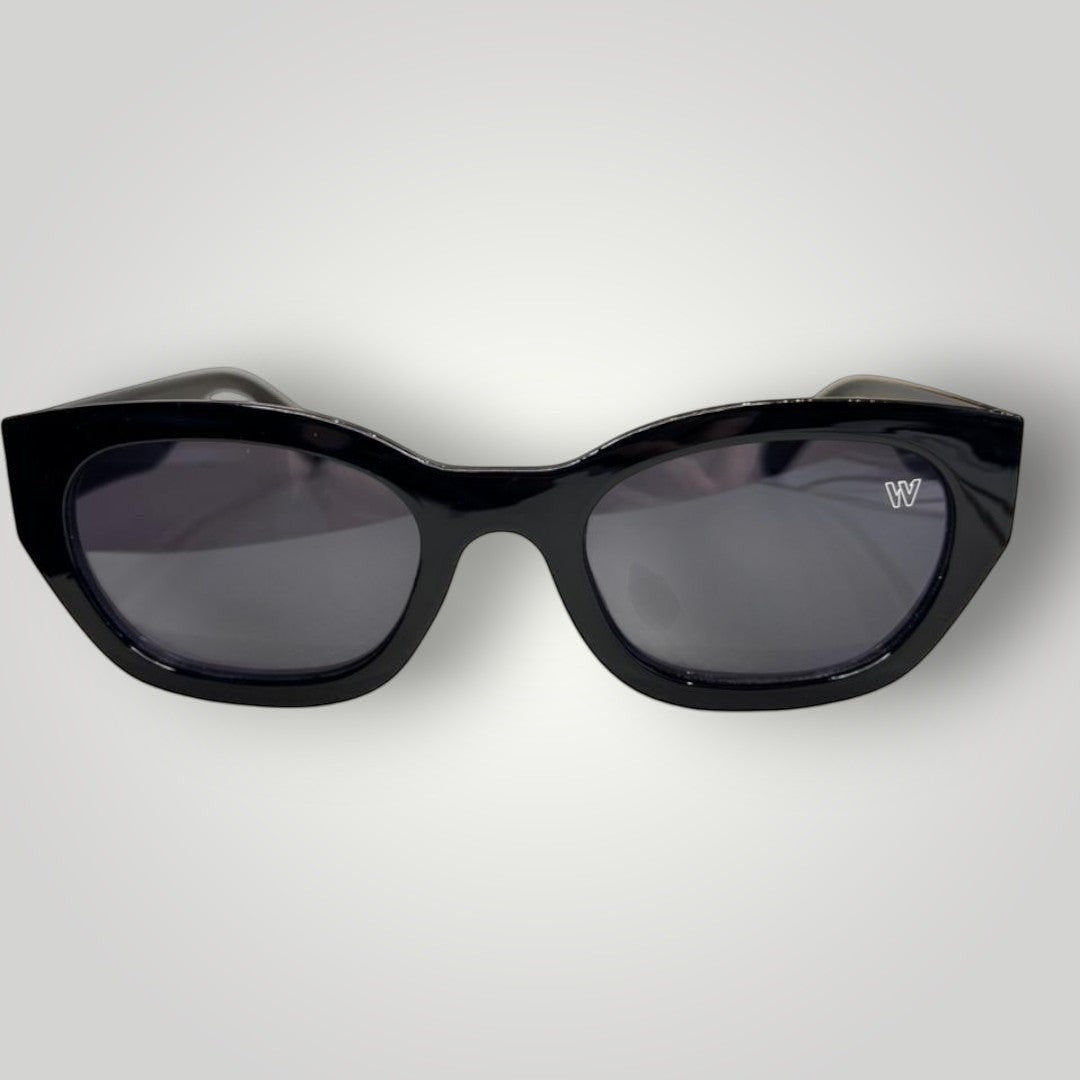 W One Brand Store black acetate cat-eye sunglasses with dark grey lenses and UV400 protection.
