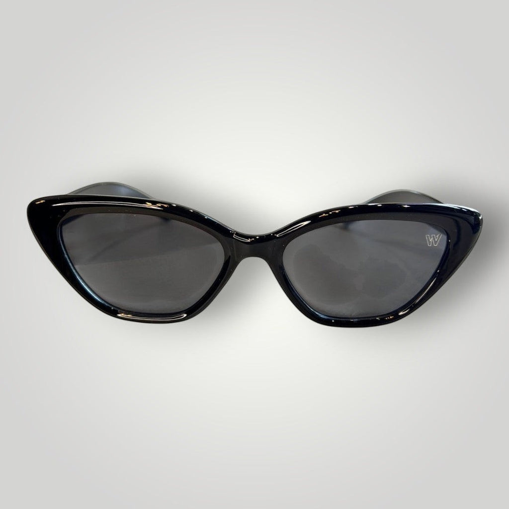W One Brand Store black acetate cat-eye sunglasses with smoky lenses and UV400 protection.