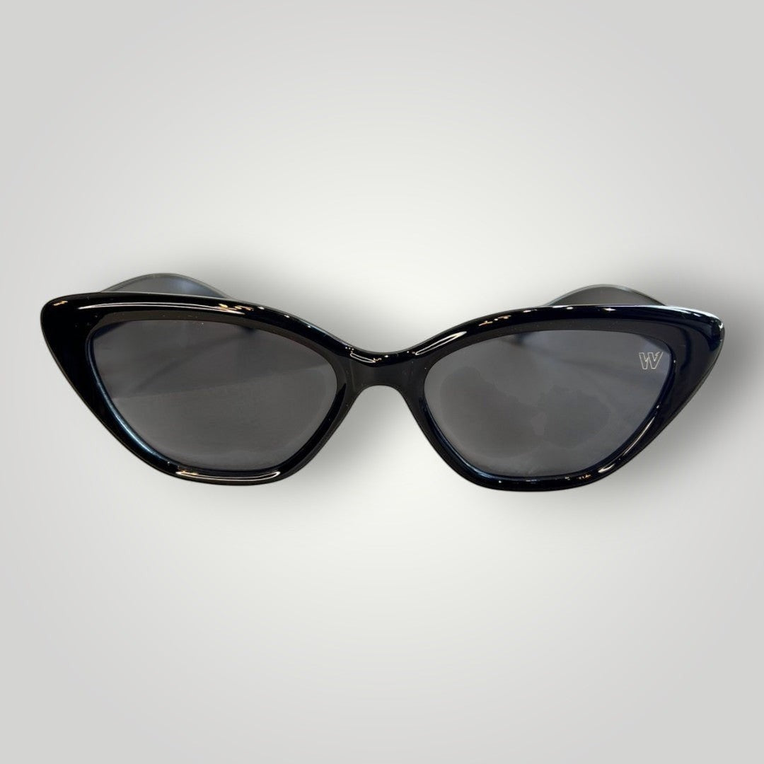 W One Brand Store black acetate cat-eye sunglasses with smoky lenses and UV400 protection.