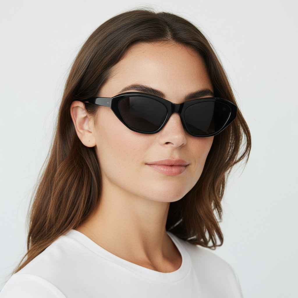 W One Brand Store black acetate cat-eye sunglasses with dark grey lenses and UV400 protection.