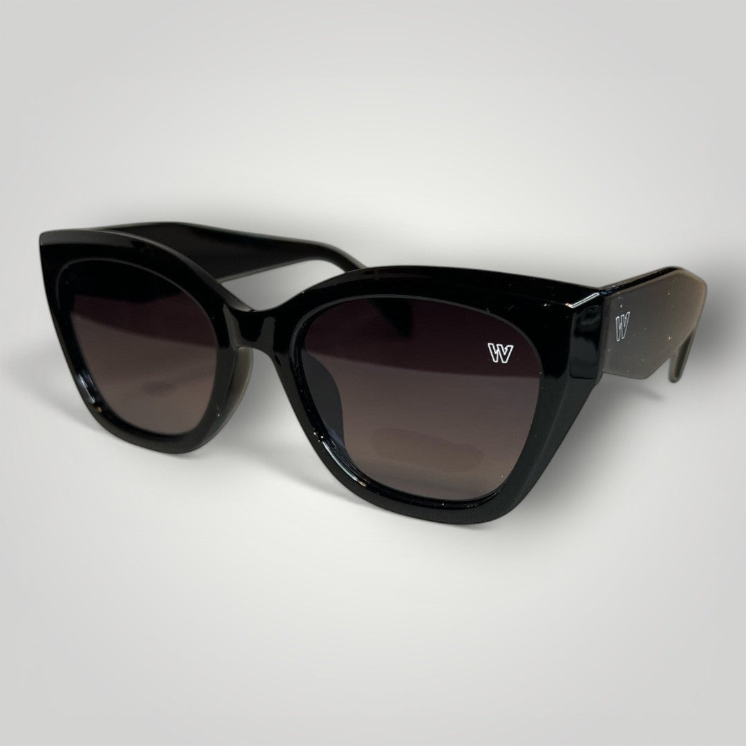 W One Brand Store black cat-eye sunglasses with black gradient lenses and UV400 protection.