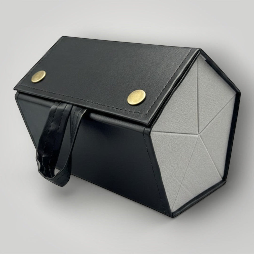 W One Brand Store black foldable glasses case with 5 compartments and gold snap closure.