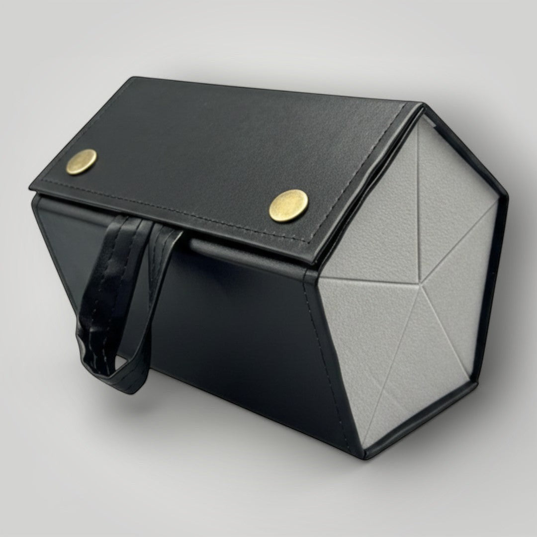 W One Brand Store black foldable glasses case with 5 compartments and gold snap closure.