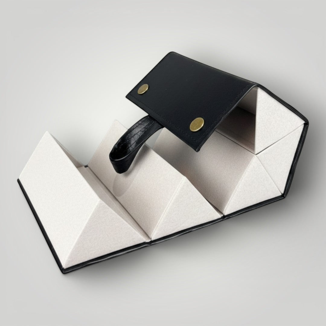 W One Brand Store black foldable glasses case with 5 compartments and a textured handle, ideal for travel.