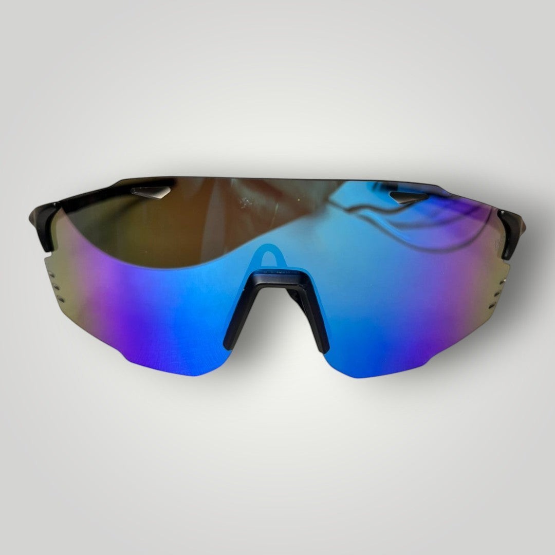 W One Brand Store black injected sports mask sunglasses with mirrored blue and purple lenses and black temples.