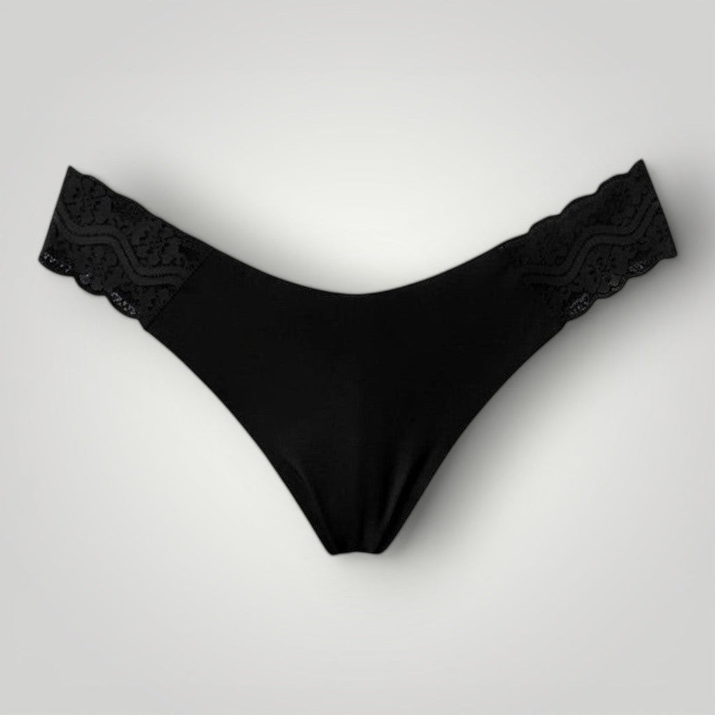 W One Brand Store black seamless thong with lace sides, made of polyamide and elastane blend.